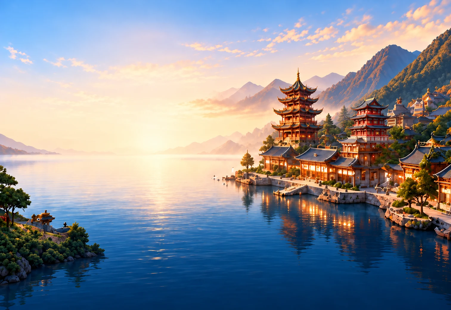 比特古镇品牌想象:明亮的山水与湖面,右侧是灯火点亮的水岸楼阁与街巷。