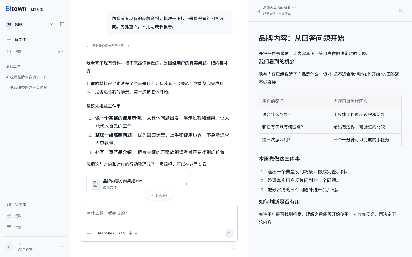 Bitown 工作界面示意:选择数字员工、查看工作过程,并打开已生成的品牌内容简报。